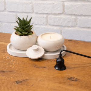 סט מגש בטון – נר, שעווה וסוקולנט