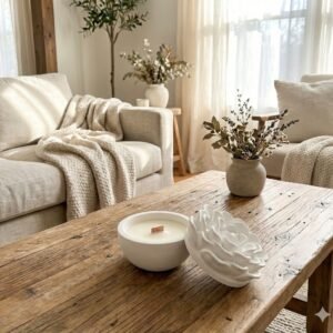 נר בכלי בטון מכסה פרח