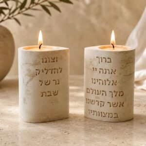 פמוטים עם ברכת הדלקת נרות שבת בהשראת הכרובים.